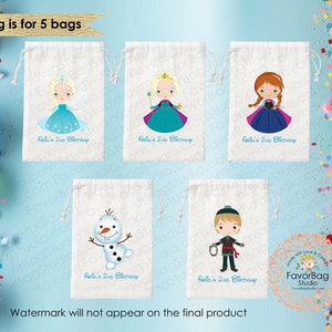 May include: Five white drawstring bags featuring various Frozen characters. Each bag is personalised with the text "Ali's 2nd Birthday".