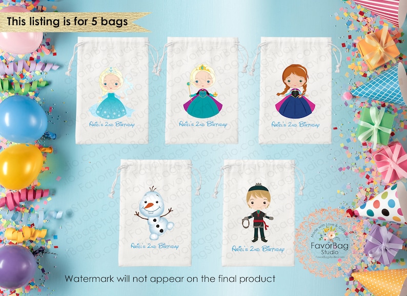 May include: Five white drawstring bags featuring various Frozen characters. Each bag is personalised with the text "Ali's 2nd Birthday".