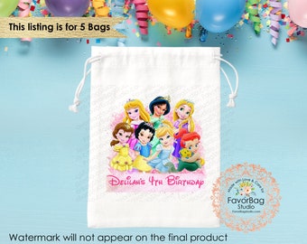 Toddler Princess Favor Bags-Birthday Favor Bags-Toddler Disney Princess Party-Kids Birthday Party Bags-Personalized Custom Bags Set of 5