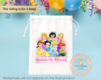 Toddler Princess Favor Bags-Birthday Favor Bags-Toddler Disney Princess Party-Kids Birthday Party Bags-Personalized Custom Bags Set of 5
