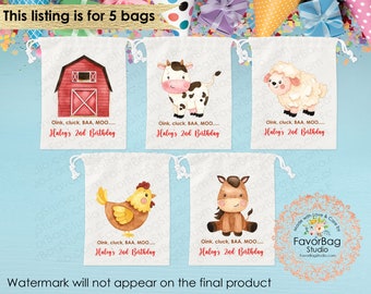 Bolsas de regalo de animales de granja, bolsa de regalo de cumpleaños de granja, bolsa de regalo de granja personalizada, bolsas de cumpleaños para niños, bolsas de regalo personalizadas, juego de 5 bolsas de regalos personalizadas