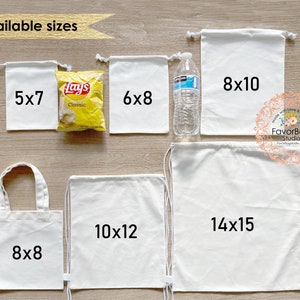 May include: White cotton drawstring bags in various sizes, including 5x7 inches, 6x8 inches, 8x8 inches, 10x12 inches, 14x15 inches, and 8x10 inches. The bags are displayed on a wooden surface.