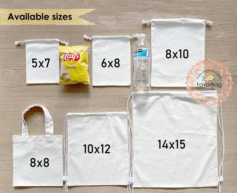 May include: White cotton drawstring bags in various sizes, including 5x7 inches, 6x8 inches, 8x8 inches, 10x12 inches, 14x15 inches, and 8x10 inches. The bags are displayed on a wooden surface.