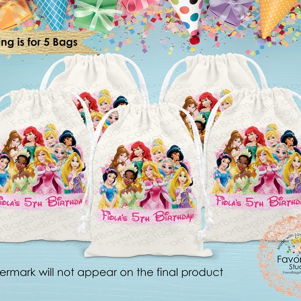 Princess Favor Bags-Birthday Favor Bags-Disney Princess Party-Kids Birthday Party Bags-Personalized Favor Bags-Custom Goodie Bags Set of 5