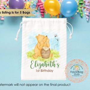 Classic Winnie the Pooh First Birthday Favor Bags-Pooh favor Bags-First Birthday Party Bags-Winnie the Pooh Custom Goodie Bags-SET of 5