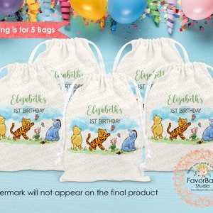 Classic Winnie the Pooh First Birthday Favor Bags-Classic Pooh Baby shower Favor Bags-Winnie the Pooh Custom Goodie Bags-SET of 5