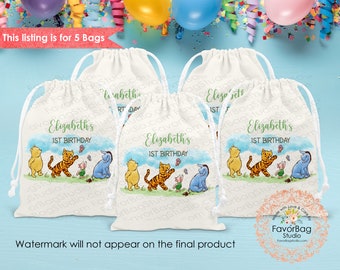 Classic Winnie the Pooh First Birthday Favor Bags-Classic Pooh Baby shower Favor Bags-Winnie the Pooh Custom Goodie Bags-SET of 5