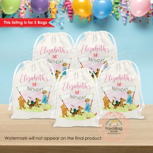 Classic Winnie the Pooh First Birthday Favor Bags-Girls First Birthday Party Bags-Winnie the Pooh Custom Goodie Bags-SET of 5