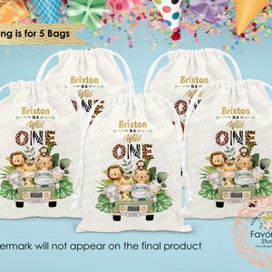 Wild One Favor Bags First Birthday Favor Bags-Safari favor Bags-Kids Party Bags Personalized Favor Bags-Custom Goodie Bags-SET of 5 image 1