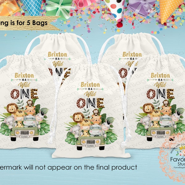Wild One Favor Bags- First Birthday Favor Bags-Safari favor Bags-Kids Party Bags- Personalized Favor Bags-Custom Goodie Bags-SET of 5