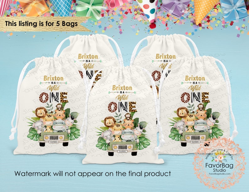 Wild One Favor Bags First Birthday Favor Bags-Safari favor Bags-Kids Party Bags Personalized Favor Bags-Custom Goodie Bags-SET of 5 image 1