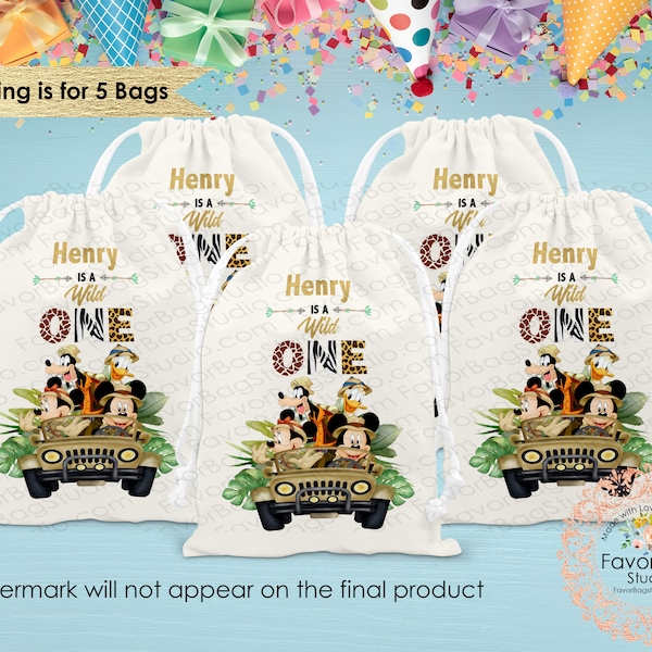 Disney Safari Wild One Favor Bags-First Birthday Favor Bags-Mickey Safari favor Bags-Personalized Favor Bags-Custom Goodie Bags-SET of 5