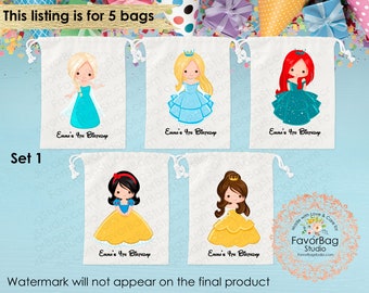 Princess Favor Bags-Birthday Favor Bags-Disney Princess Party-Kids Birthday Party Bags- Personalized Favor Bags-Custom Goodie Bags Set of 5