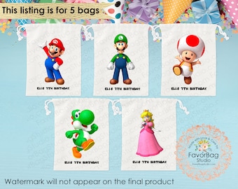 Super Mario Favor Bags-Kids Favor Bags-Super Mario Birthday Party-Custom Cotton Goodie Bags-Luigi FavorBags-Personalized favor Bags Set of 5