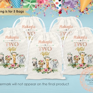 Wild One Favor Bags First Birthday Favor Bags-Safari favor Bags-Kids Party Bags Personalized Favor Bags-Custom Goodie Bags-SET of 5 TWO Wild