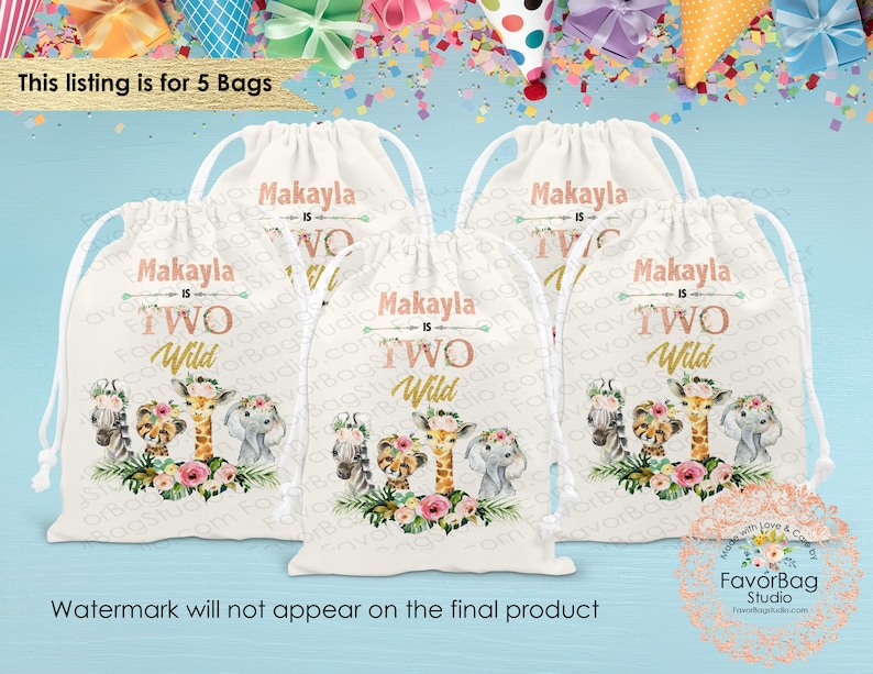 Wild One Favor Bags First Birthday Favor Bags-Safari favor Bags-Kids Party Bags Personalized Favor Bags-Custom Goodie Bags-SET of 5 TWO Wild