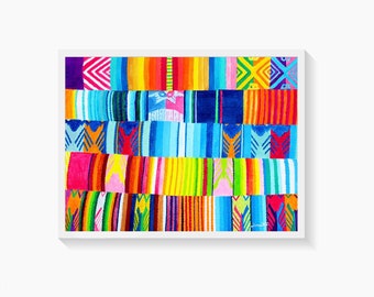 Indigenous Art Print, Latin America Painting, Hispanic Folk Art of Colorful Blankets