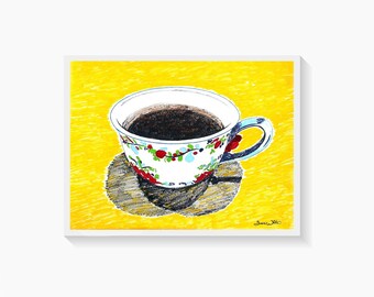 Coffee Art Print Rustic Farmhouse Yellow 9x12