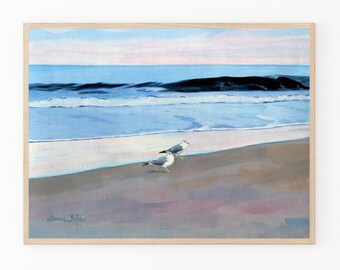Bethany Beach Painting Art Print, Seagulls on Beach at Sunset, Delaware Artwork