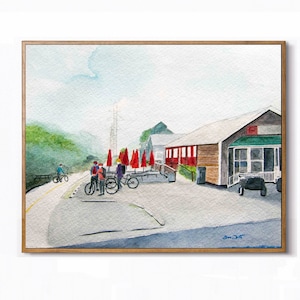 W&OD Trail aquarel schilderij Fine Art Print - fietsers Ashburn Virginia, Loudoun County