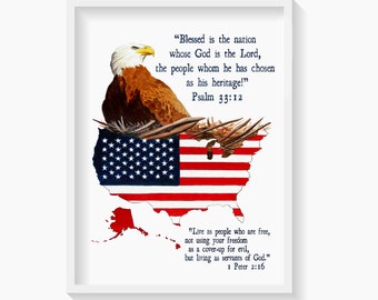 American Eagle Painting USA Flag and Map, Bible Verse Christian Wall Art