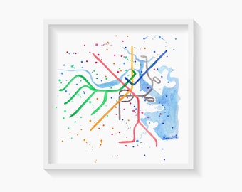 Boston T Rail Map Art Print MBTA Transit, Boston Watercolor Artwork