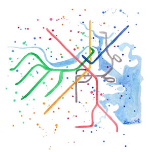 Boston T Rail Map Art Print MBTA Transit, Boston Watercolor Artwork