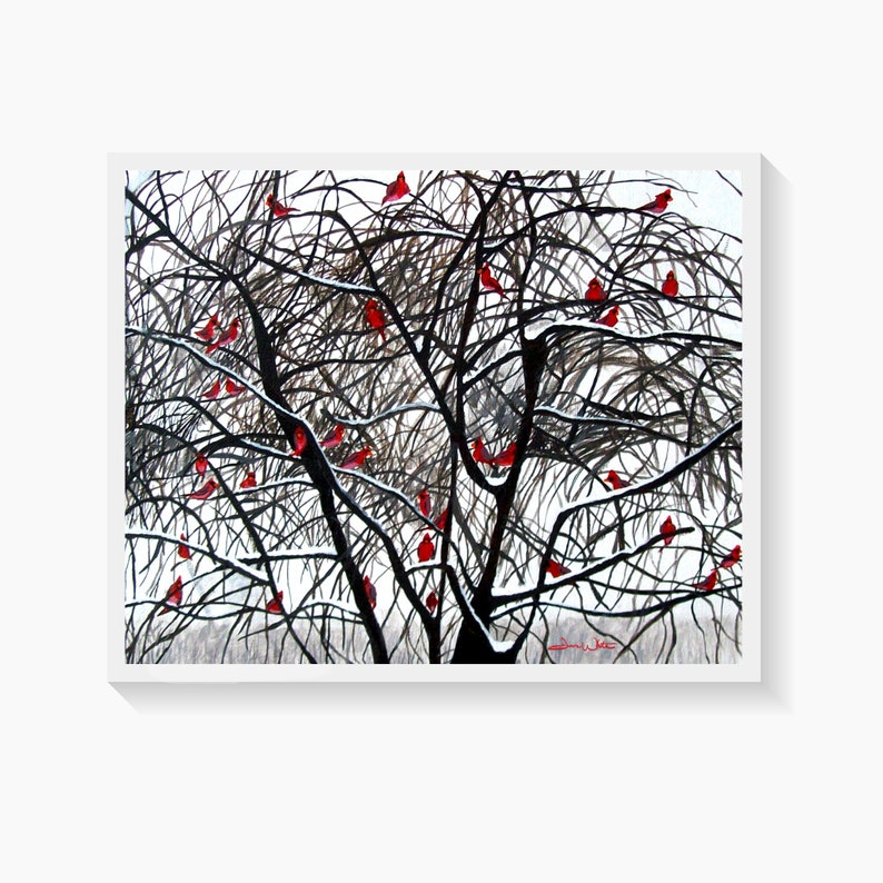 Winter Cardinal Birds Painting Art Print by Artist Dave White