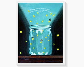 John 1 Verse 5 Bible Art Print, Fireflies in a Jar Painting, Christianity Artwork