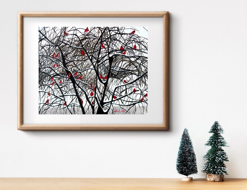Winter Cardinals Painting Art Print Snowy Tree image 4