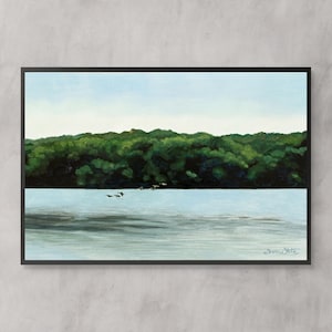 Impression d'art de la rivière Potomac, peinture à l'aquarelle d'oies de vol à voile, Great Falls en Virginie, comté de Fairfax, art de la Virginie du Nord