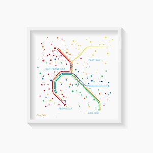 Impresión artística del mapa de tránsito BART del área de la Bahía de San Francisco, obra de acuarela