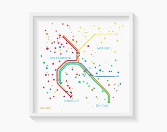 San Francisco Bay Area BART Transit Map Art Print, Watercolor Artwork