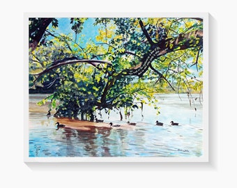 Proverbs Bible Art, Potomac River Ducks Painting Art Print, Landscape Watercolor Northern Virginia, Great Falls VA, River Bend Park