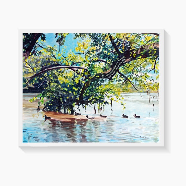 Proverbs Bible Art, Potomac River Ducks Painting Art Print, Landscape Watercolor Northern Virginia, Great Falls VA, River Bend Park