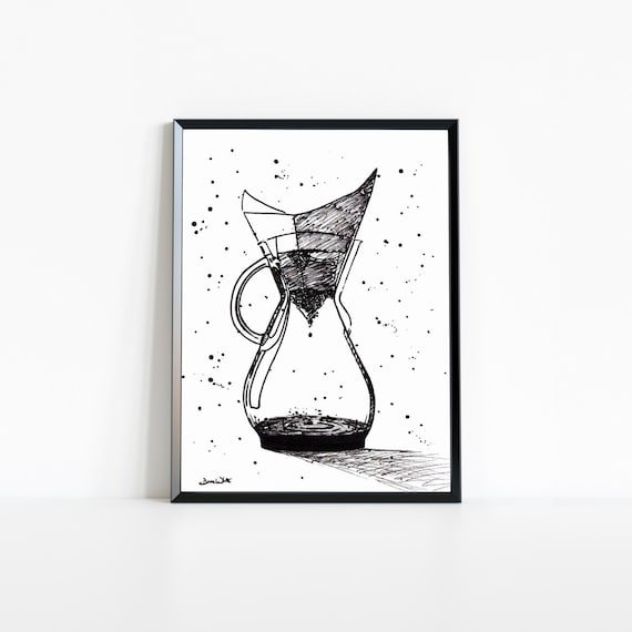 Chemex Coffee Art Print: Black and White Paint Splashes, Modern