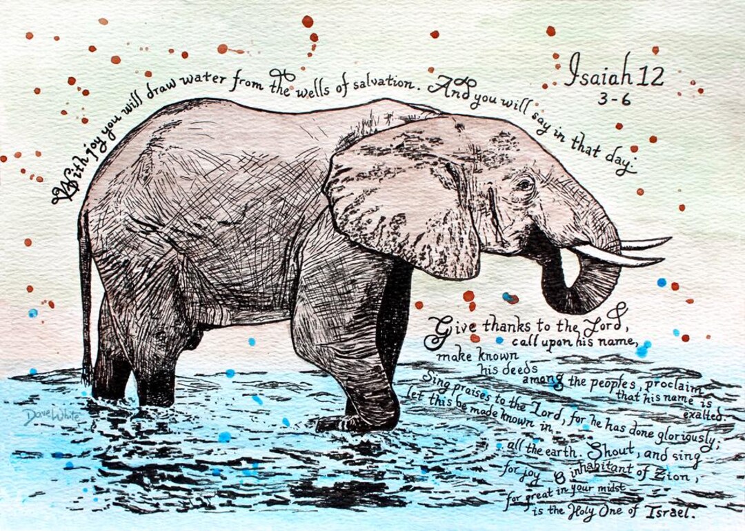 Christian Art the Wells of Salvation Isaiah 12 3-6 Elephant Watercolor ...