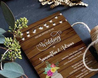 EDITABLE Rustic Floral Mason Jar with String Lights Wedding invitation Editable Invitation editable vintage mason jar wedding invitation