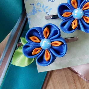 Blue Twin Satin Ribbon flower Hair clip - One pair