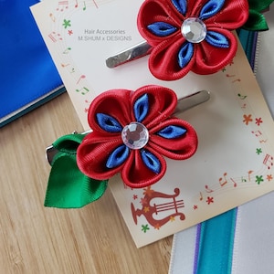 Red Twin Satin Ribbon flower Hair clip - One pair
