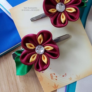 Dark Red Twin Satin Ribbon flower Hair clip - One pair