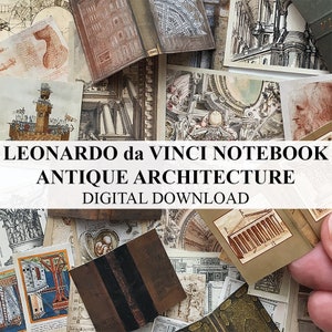 May include: A digital download of vintage architectural illustrations from Leonardo da Vinci's notebook. The images feature detailed drawings of buildings, columns, and other architectural elements.