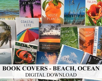 Puede incluir: Una colección de portadas de libros con varios temas, incluyendo escenas de playa, puestas de sol e ilustraciones botánicas. Las portadas presentan colores vibrantes y texto como "Coastal Life" y "Sunset Dreams."