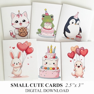 May include: Set of six small, white greeting cards featuring cute cartoon animals and birthday cakes. The cards measure 2.5" x 3" and include a cat, frog, penguin, bunny, cake, and a furry creature holding heart balloons. The text "SMALL CUTE CARDS" is at the bottom.
