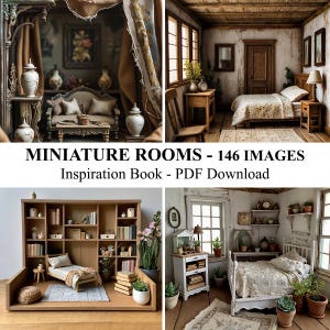 Puede incluir: Una colección de escenas de habitaciones en miniatura, que muestran diseños de interiores detallados. Las imágenes presentan dormitorios, salas de estar y bibliotecas, con muebles, decoración y el texto "MINIATURE ROOMS - 146 IMAGES Inspiration Book - PDF Download".