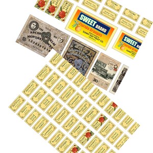 May include: A collection of rectangular paper labels featuring various designs including Ouija boards, Sweet Brand Florida Oranges advertisements, vintage illustrations, and text-based labels for herbs and ingredients like Thyme, Rose Milk, and Basil.