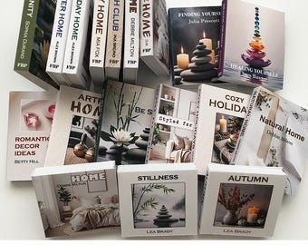 Puede incluir: Una colección de cubiertas de libros decorativas con títulos como "Serenity", "Home" y "Autumn". Las cubiertas presentan imágenes de velas, piedras zen y escenas de diseño de interiores. El texto "Decorative Book Covers Digital Download" está en la parte inferior.