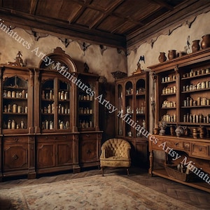Dollhouse Miniature Wallpaper Dark Academia Apothecary Cabinet - 5 Images - 1:12 Scale DIGITAL DOWNLOAD