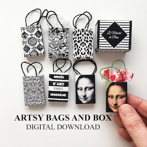 Dollhouse Miniature Bags and Box - Artsy Look - DIGITAL DOWNLOAD Printable