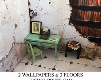 Mural de papel tapiz y piso en miniatura para casa de muñecas: 5 archivos: Castillo antiguo grunge a escala 1:12